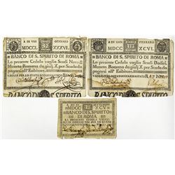 Banco Di S. Spirito Di Roma, 1786-1795 Issue Banknote Trio.