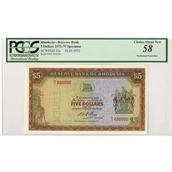 Reserve Bank of Rhodesia, 1972, £5 Specimen Banknote