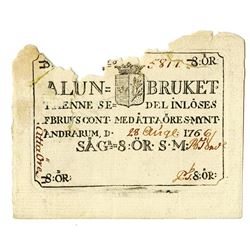 Sweden, Alun=Bruket, 1766  Issued Private Banknote.