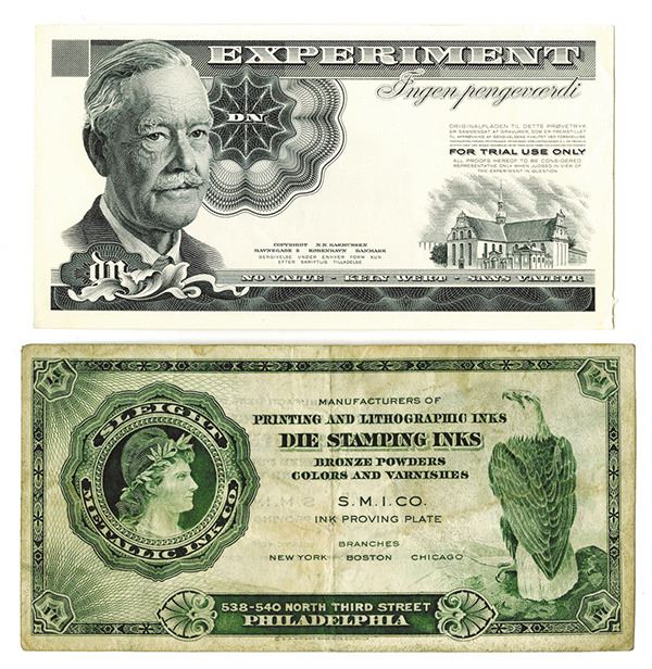 Banknote Inks Sleight Metallic Ink Co., ca.1940-50's Advertising Note and Danish Ad Note.