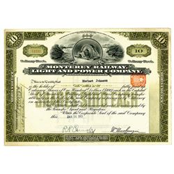 Monterey Railway Light and Power Co., 1911 Issued Stock Certificate