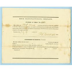 Rock Manufacturing Company, 1838 Issued Stock Certificate.