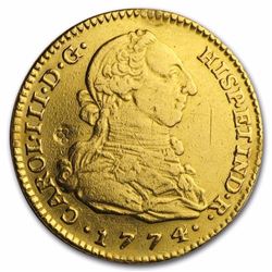 1774-M PJ Spain Gold 2 Escudo Coin AU 243 Years Old