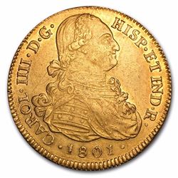 1801-P FJ Colombia Gold 8 Escudo Carlos IV BU 216 YEAR OLD GOLD COIN