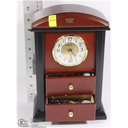 WOODEN CLOCK JEWELRY BOX W CONTENTS