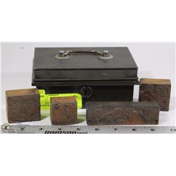 VINTAGE METAL LOCK BOX W/ 4 WOOD & COPPER STAMPS
