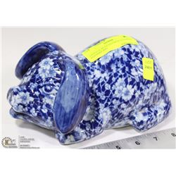 VINTAGE BLUE FLOWER STAMPED POTTERY PIG