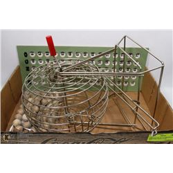 VINTAGE SET OF 75 CORK BALLS WITH WIRE BINGO CAGE