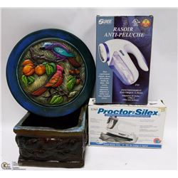 BOX W/ FABRIC SHAVER, STEAM IRON, 2 DECORATIVE