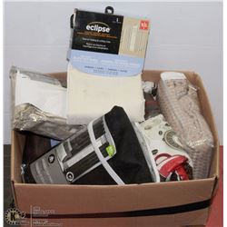 BOX OF ASST WINDOW PANELS, TABLE CLOTHS AND MORE