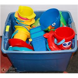 LARGE TOTE W/ SUMMER TOYS - PAILS, SHOVELS & MORE