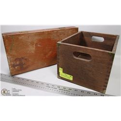 VINTAGE DOVE TAILED WOOD CRATE WITH BRASS CORNERS