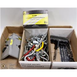 LOT WITH FENCE POST LEVEL GAUGE, TIRE REPAIR TOOLS