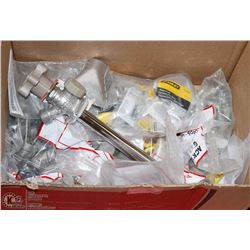 BOX OF ASST HARDWARE, FITTINGS, PLUMBING AND MORE