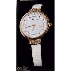 KEZZIE WOMENS WATCH W/ CUBIC STONES & WHITE STRAP