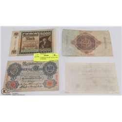 LOT OF 4 GERMAN BANK NOTES 5000 MARKS, 20 MARKS
