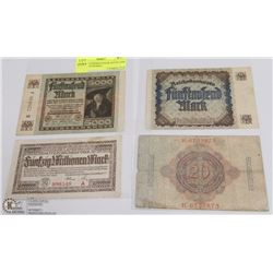 LOT OF 4 GERMAN BANK NOTES 5000 MARKS, 20 MARKS,
