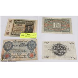 LOT OF 4 GERMAN BANK NOTES 10 MARKS, 500 MILLION