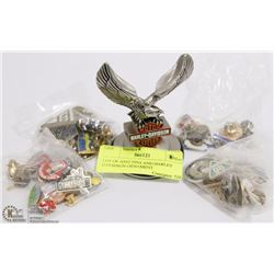 LOT OF ASST PINS AND HARLEY DAVIDSON ORNAMENT