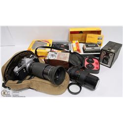 FLAT OF VINTAGE CAMERAS AND CAMERA EQUIPMENT