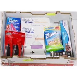 LARGE FLAT OF HOUSEHOLE BAGS AND ETC INCL ZIPLOC