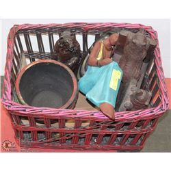 BASKET WITH 3 PLASTER OF PARIS BEARS, GIFTWARE ETC