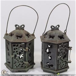 SET OF 2 ESTATE ANTIQUE CAST IRON CANDLE LANTERNS