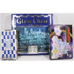 GLASS CHESS & CHECKERS SET W/ METAL CHESS PIECES &