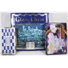 GLASS CHESS & CHECKERS SET W/ METAL CHESS PIECES &