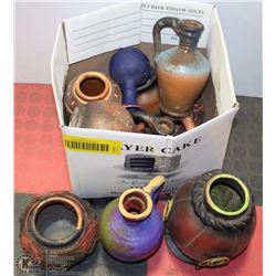 BOX WITH MEXICAN POTTERY VASES ETC