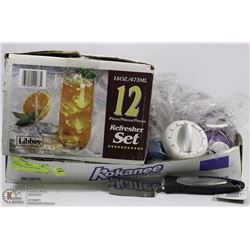 LOT OF 12 NEW GLASS CUPS AND 2 NEW WATER BOTTLES