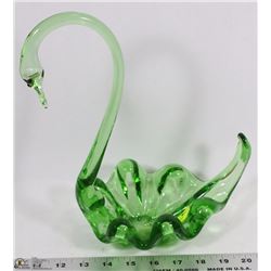 GREEN ART GLASS SWAN DISH