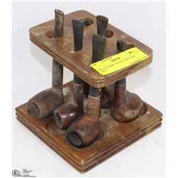 PIPE HOLDER  WITH 6 VINTAGE PIPES