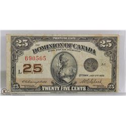 1923 CANADA TWENTY FIVE CENTS SHINPLASTER BILL