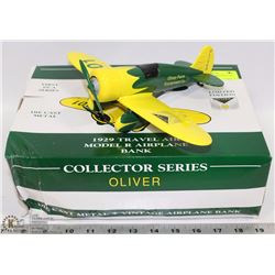 OLIVE DIE CAST AIRPLANE BANK 1929 TRAVEL AIR