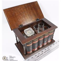 VINTAGE DECANTER IN ENCYCLOPEDIA BOOKCASE CHEST