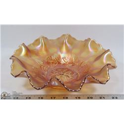 MARIGOLD CARNIVAL GLASS FLORAL RUFFLED EDGE BOWL