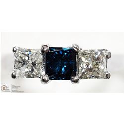 14K W. GOLD BLUE DIAMOND & 2 WHITE DIAMOND RING