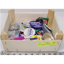 WOODEN CRATE WITH COLLECTOR BUTTONS