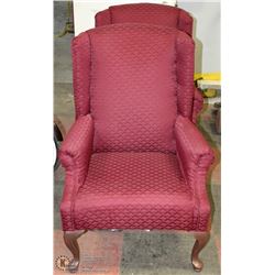 PAIR OF RED FABRIC WING BACK PARLOUR CHAIRS