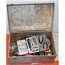 STEEL BOX W/TOOLS BRUSHES/LIGHTS