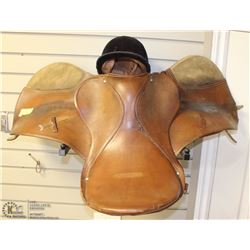 VINTAGE LEATHER SADDLE AND JOCKEY HAT DISPLAY