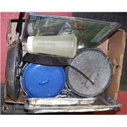BOX OF ASST CAMPING SUPPLIES INCL GRANITEWARE