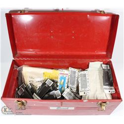 BEACH TOOL BOX WITH ASSORTED NEW FISHING HOOKS,