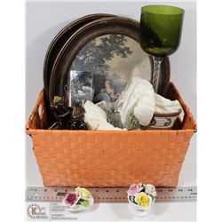 BASKET WITH VINTAGE FLAMES, VASES AND COLLECTIBLES