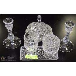 LOT OF PINWHEEL CRYSTAL INCL CANDLE HOLDERS,