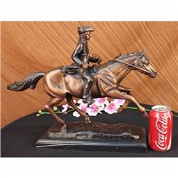 French Soldier on Horse Bronze Statue on Marble Base Sculpture