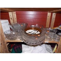 SHELF OF GLASSWARE, PLATES & MORE