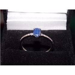 RING - OVAL FACETED BLUE SAPPHIRE & 2 DIAMONDS IN STERLING SILVER SOLITAIRE DESIGNED SETTING - RETAI