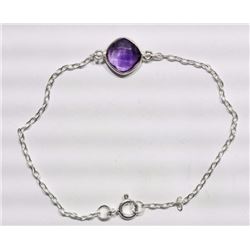 BRACELET - ROUND FACETED AMETHYST IN STERLING SILVER BEZEL SETTING - ADJUSTABLE SIZE - RETAIL ESTIMA